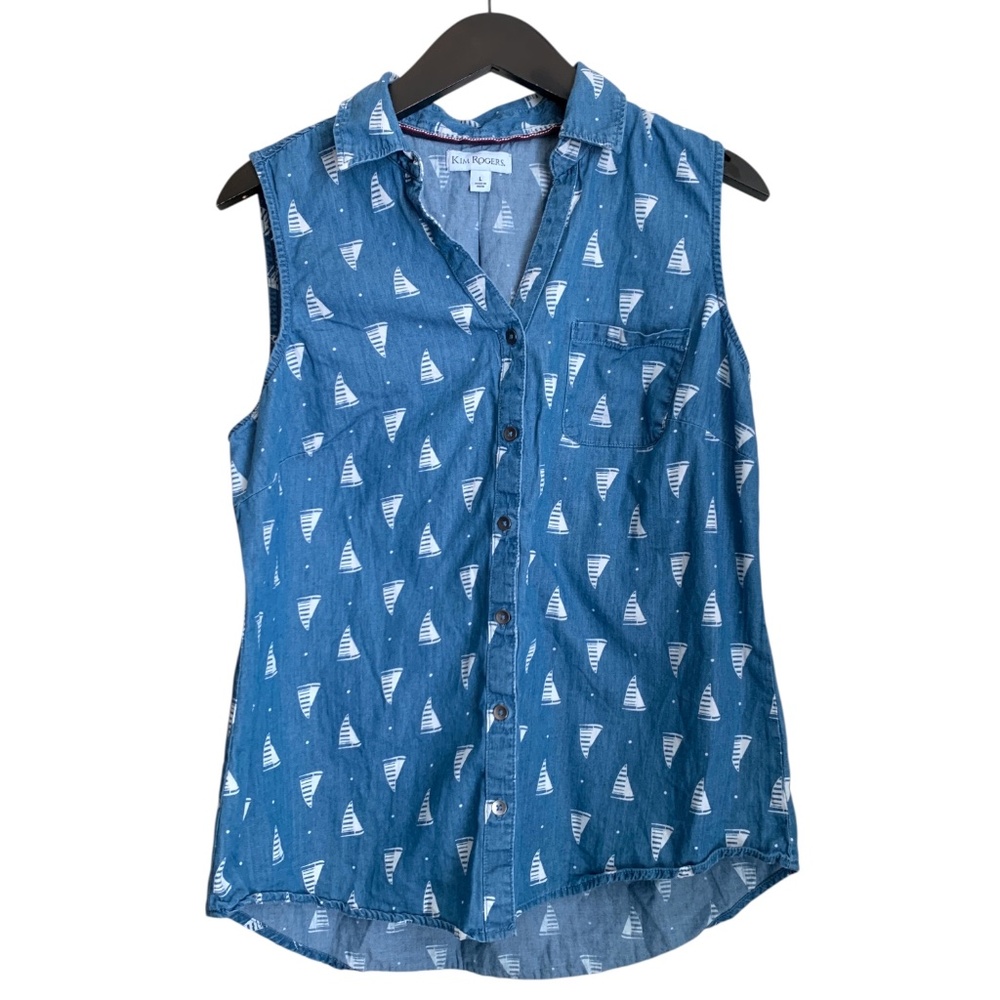 Kim Rogers Blue Sleeveless Button-Front Sailboat Print Blouse (Bin 14)